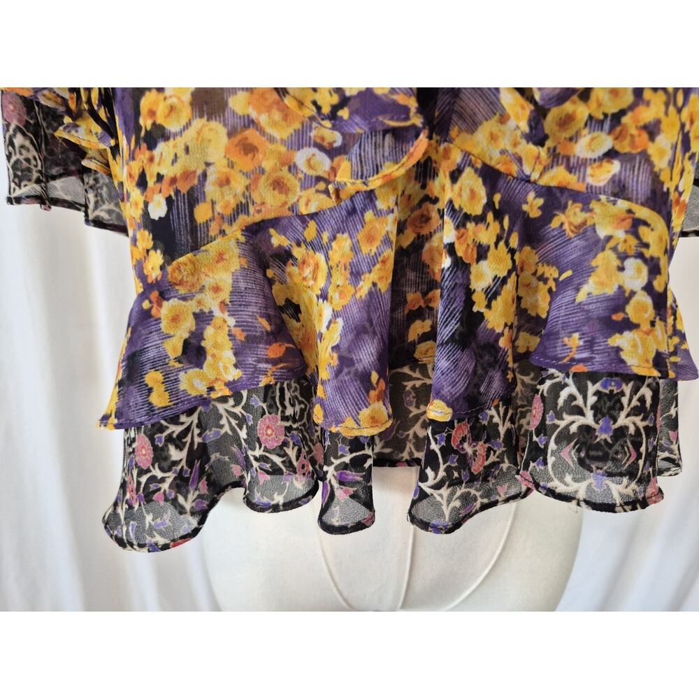 Misa Womens Designer Black Gold Floral Raziela Sheer Ruffle Top XS - Picture 4 of 10
